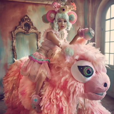 Surreal Woman Riding Giant Fluffy Monster
