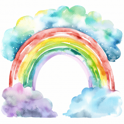 Watercolor Rainbow with Puffy Clouds