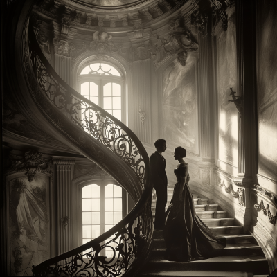 Elegant Couple on Grand Spiral Staircase
