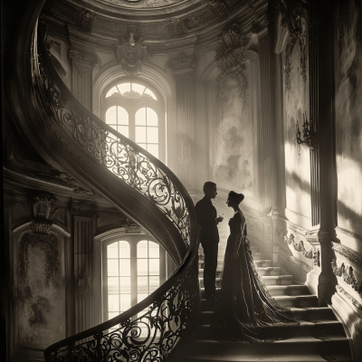 Elegant Couple on Grand Staircase
