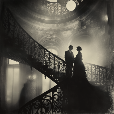 Elegant Couple on Grand Spiral Staircase