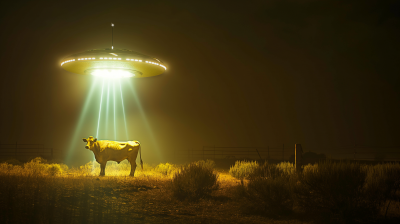 UFO abducting a cow at night