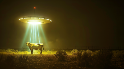 UFO Abducting a Yellow Cow at Night