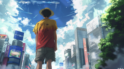 Man Looking Up at Tall Buildings in Anime Style