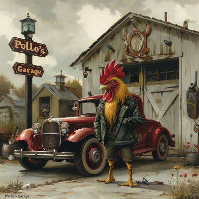 Cartoon Rooster Greaser in Pollo’s Garage