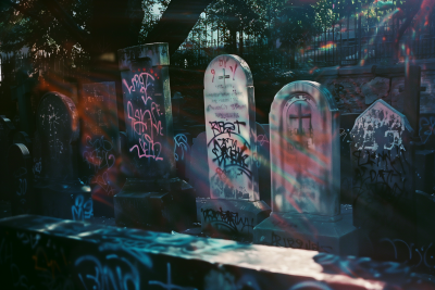 Graffiti-covered gravestones double exposure