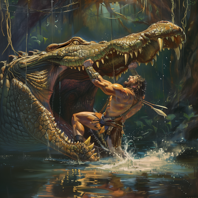 Hercules Fighting a Giant Crocodile