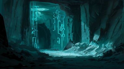 Glowing Teal Arabic Words in Abandoned Mine Caves