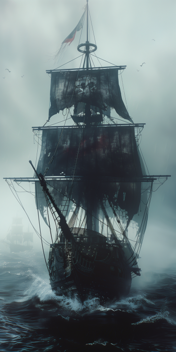 Dark Pirate Ship Sailing on Misty Seas