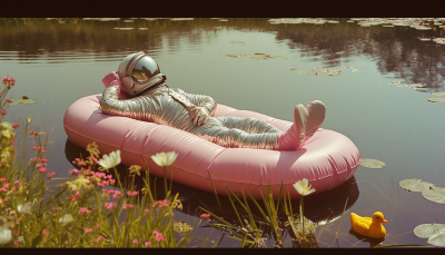 Spaceman Sleeping on Pink Inflatable Mattress on Lake