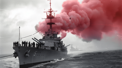 Red vapor on US Navy minesweeper boat off San Francisco’s coast