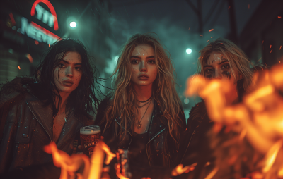 Punk Women Standing around Bonfire