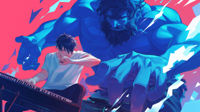 Japanese Male Musician and Majestic Hercules in Shonen Anime Style