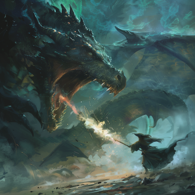 Witch fighting a dragon