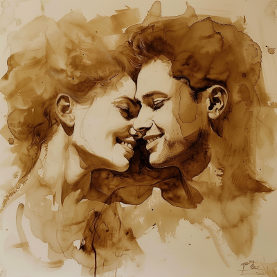 Abstract Coffee Painting of Young Couple