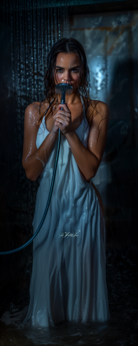 Woman in a Flowing Dress Under the Rain