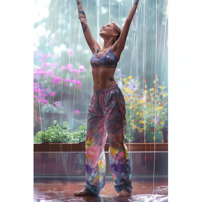 Woman enjoying spring rain on terrace