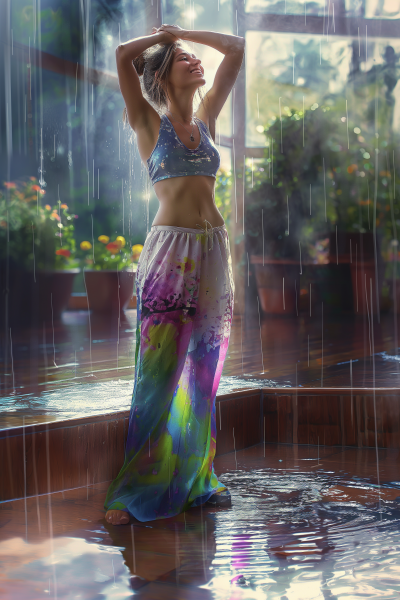 Woman Enjoying Spring Rain on Terrace
