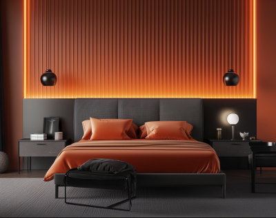 Modern Minimalist Bedroom with Warm Coral Accent Wall