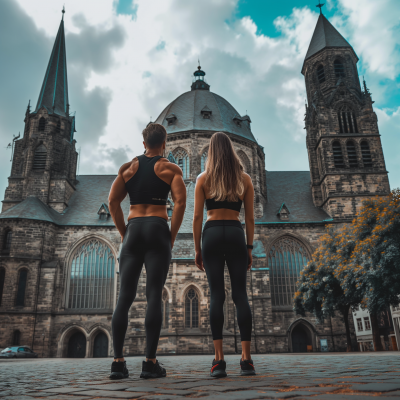 Fitness couple in front of the Dom of Aachen