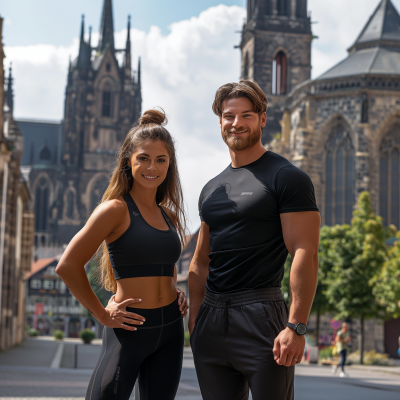 Fitness couple in front of Aachen Cathedral