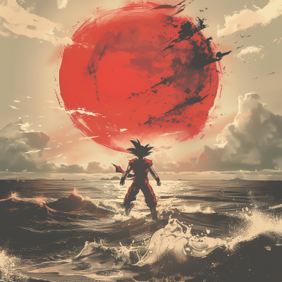 Super Saiyan Goku Flying over Ocean with Red Sun