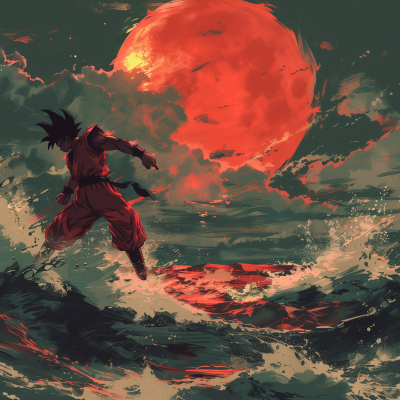 Anime Supersayin Goku Flying Over Ocean