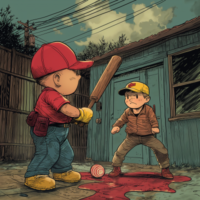 Anime style illustration of Ness from Earthbound knocking out a police chief