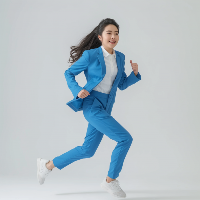 Energetic Asian Woman Running in Blue Suit