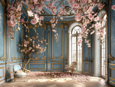 Elegant Blue and Gold Room with Magnolia Tree