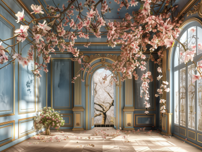 Elegant Blue and Gold Room with Magnolia Tree and Hanging Flowers