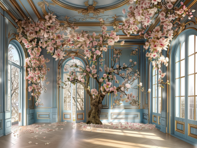 Elegant Blue and Gold Room with Magnolia Tree