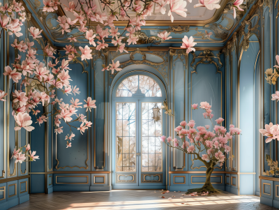 Elegant Room with Magnolia Tree and Hanging Flowers