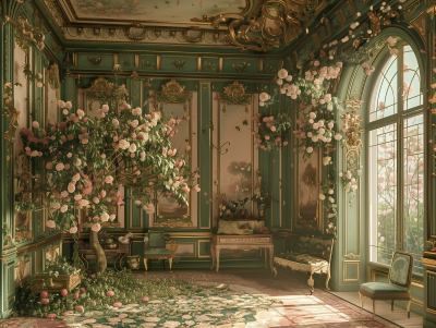 Elegant Vintage Room with Panelled Walls and Hanging Flowers