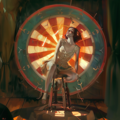 Vintage Woman Sitting in front of Circus Knife Wheel