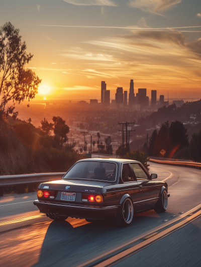 Black BMW E30 Driving Down Hill Road at Sunset