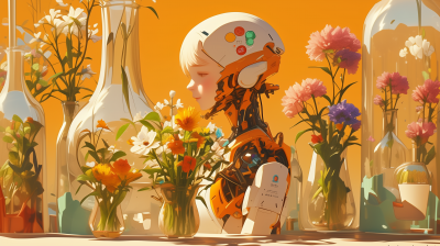 Female Android with Bouquet in Flower Shop