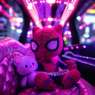 Spider Man and Hello Kitty in Pink Limo