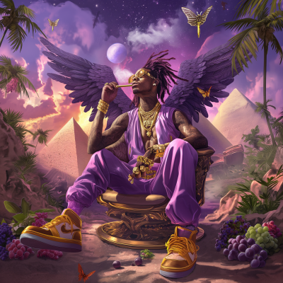 An Urban Black Man with Purple Dreadlocks and Wings in a Futuristic Setting