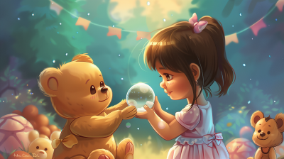 Girl and Teddy Bear with Glass Marble