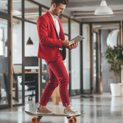 Young Guy Entering Office on Skateboard