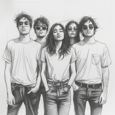 Black and White Pen Drawing of a Rock Band