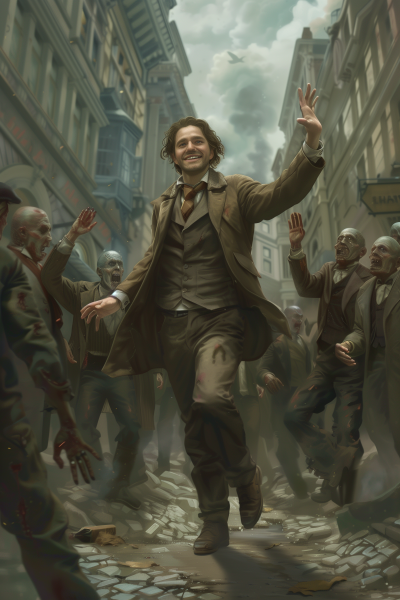 Happy man surrounded by zombies in Victorian street