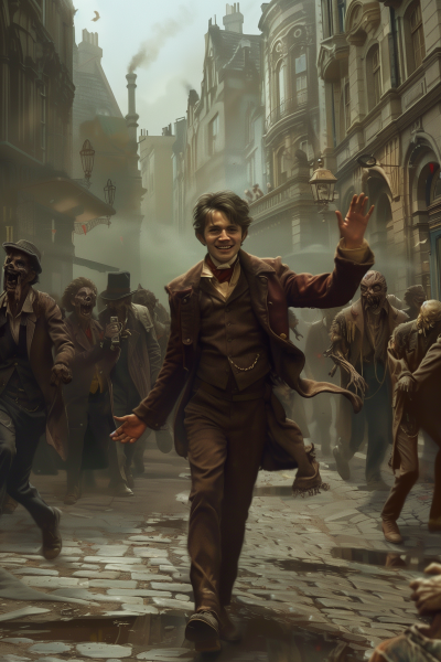 Happy Young Man Surrounded by Zombies