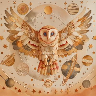 Lunar Owl with Planets in Folk Art Style