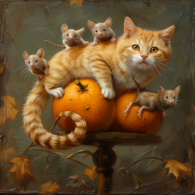 Mice riding orange cat