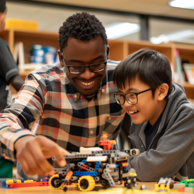 Diverse middle school students working on Lego Spike robot