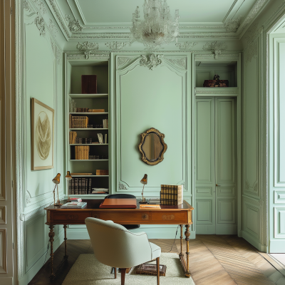 Elegant Pale Mint Green Room with Historical Moldings