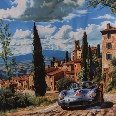 Vintage Car Racing Through Tuscan Village