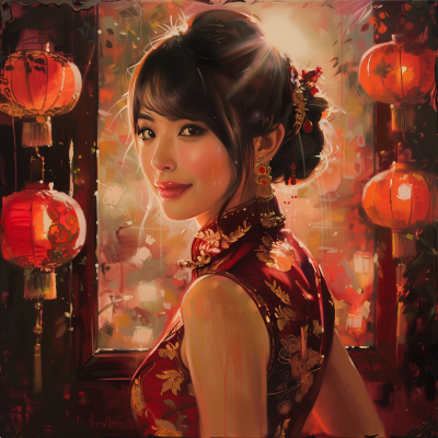 Chinese Woman in Qipao Dress during Lunar New Year